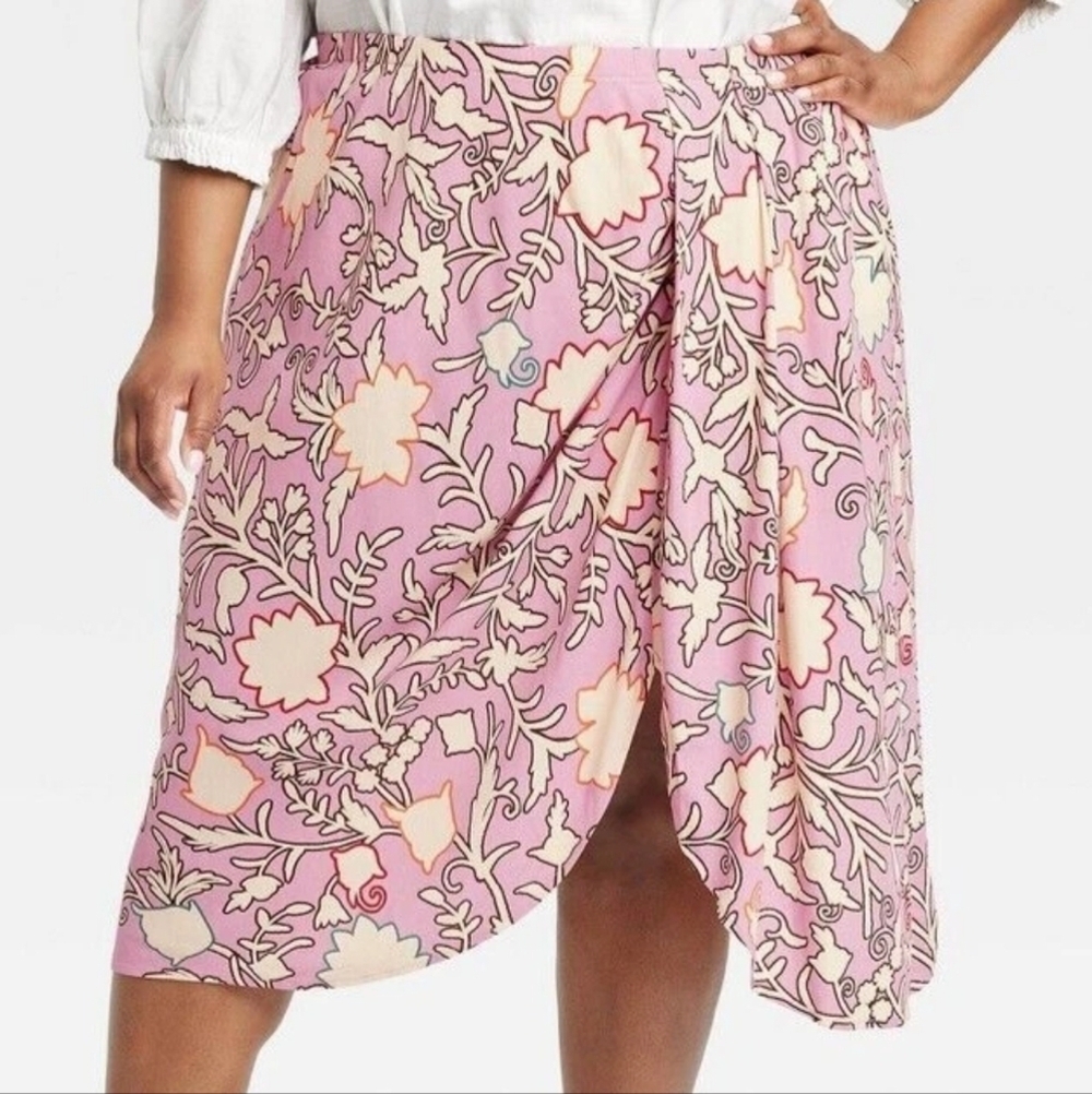 Knox Rose - Women's Drapey A-Line Faux Wrap Skirt - Pink Floral Size 2X NWT